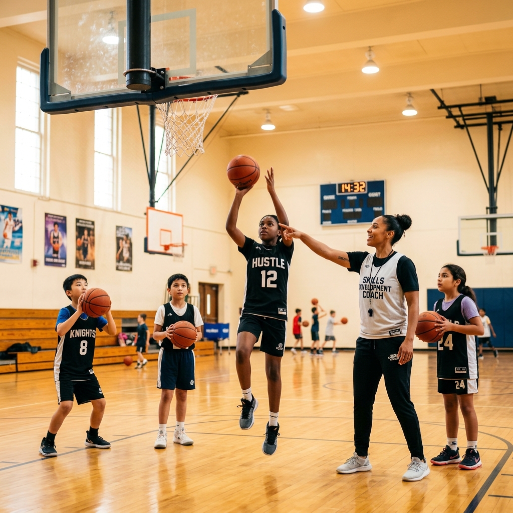 Older kids practicing basketball layups and shooting form
