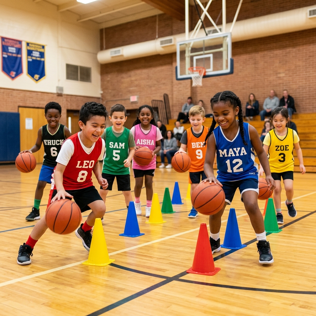 Young children doing fun basketball drills