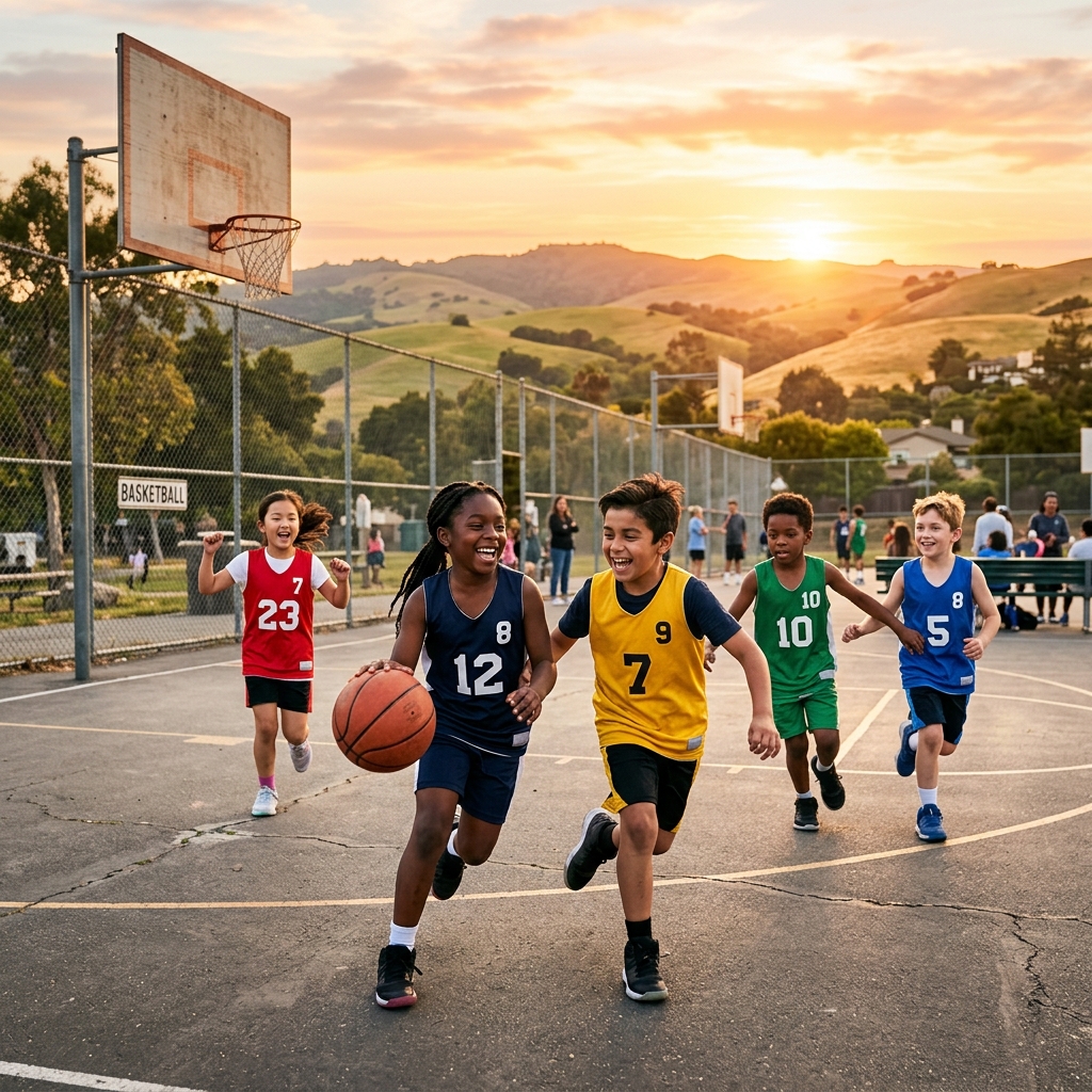 Kids playing basketball in the East Bay hills at golden hour